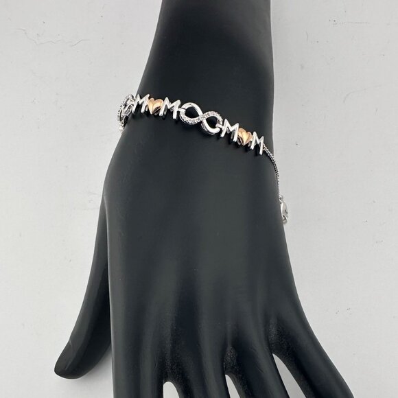 Sterling Silver "Mom" Bracelet w 14 kt Gold Overlay Hearts  & Infinity Symbols - Picture 5 of 14